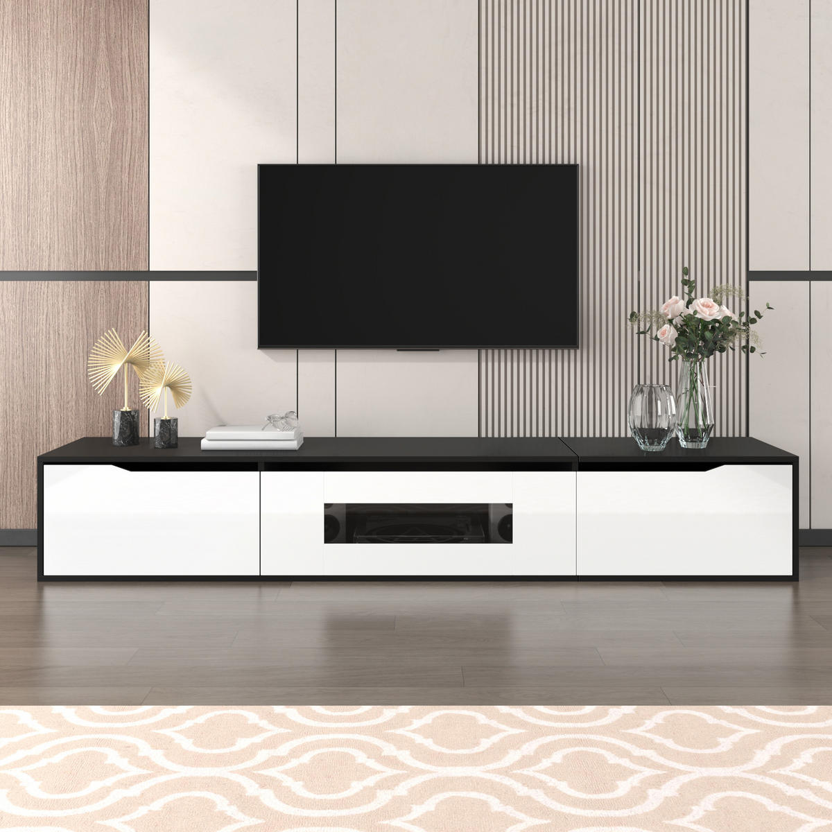 TV LOWBOARD 180cm Hochglanz Schwarz Weiß LED USB Farbwechsel modern - Schwarz, Holzwerkstoff (35/30/180cm) - FLIEKS