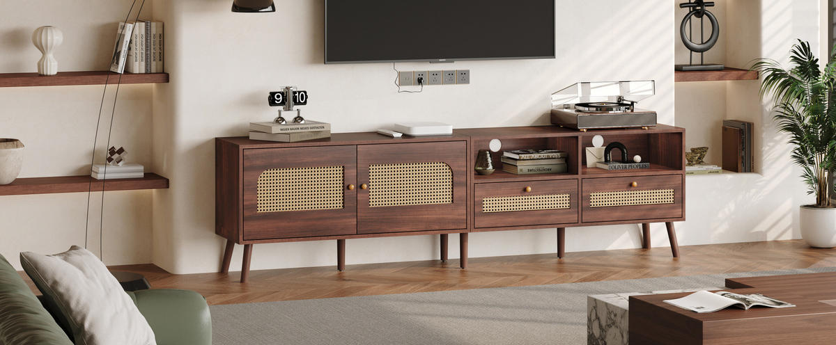 TV-LOWBOARD in Braun mit 2 Rattantüren und 2 Schubladen 200/37/49.5 cm - Braun, Holzwerkstoff (200/49.5/37cm) - Redom