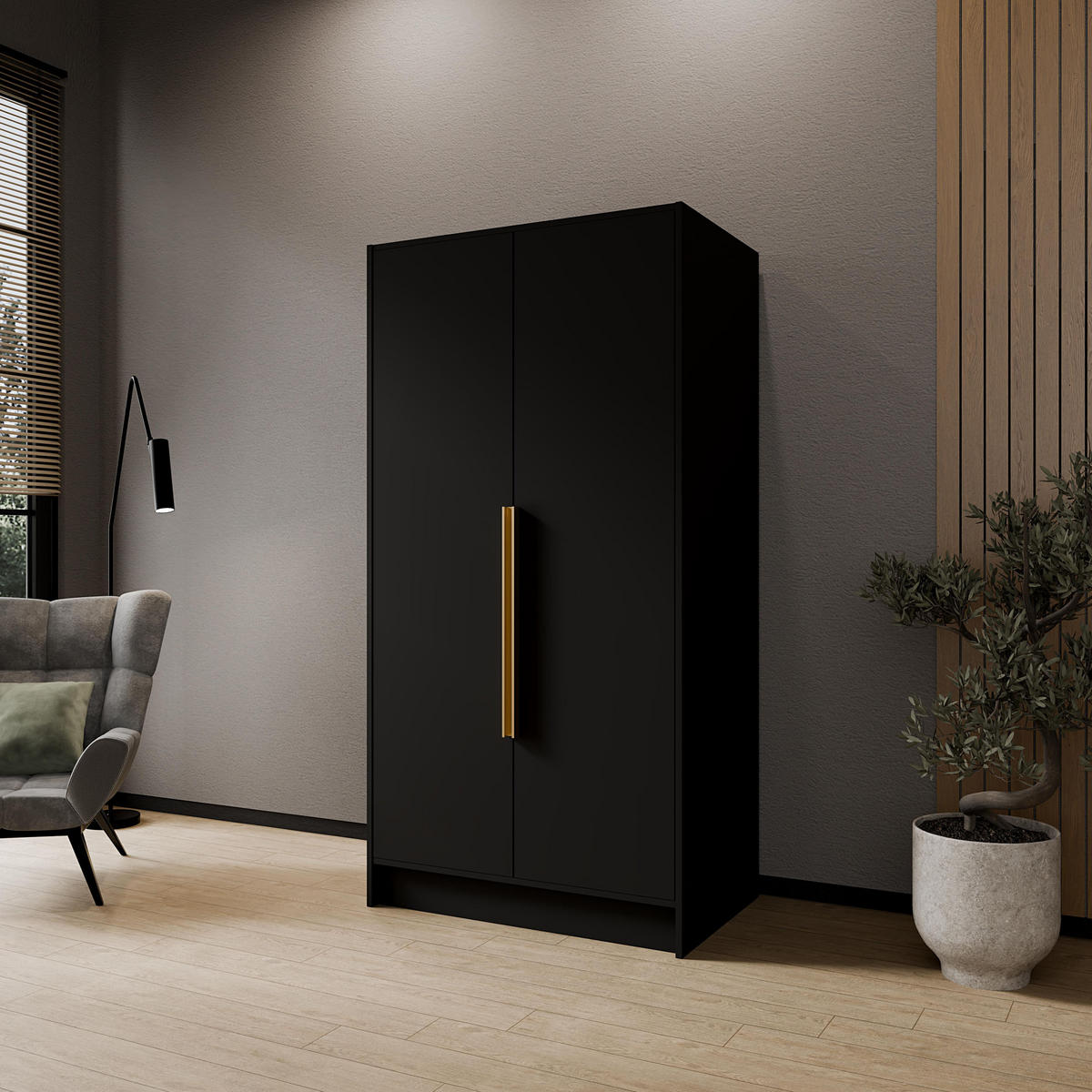 KLEIDERSCHRANK Mono Bis im Skandi-Stil, Drehtüren mit Goldene Metallgriffe, Schwarz 102/200/51 cm - Schwarz, Holzwerkstoff (102/200/51cm) - WFL GROUP