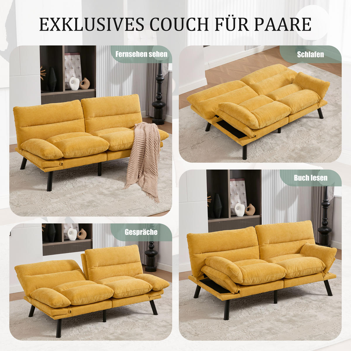 2-SITZER SOFA mit Verstellbare Rückenlehne und Armlehnen, Metallfüße, Senfgelb - Gelb, Textil (90/76/165cm) - KOMHTOM