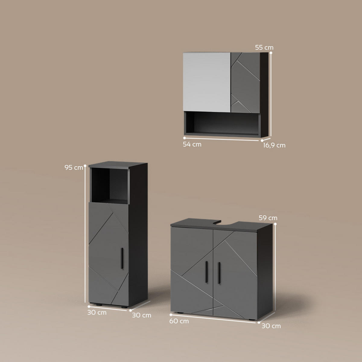 BADMÖBEL-SET Ronco Anthrazit Hochglanz 3 Teile - Schwarz Hochglanz/Anthrazit, Holzwerkstoff (60/95/30cm) - Livinity®