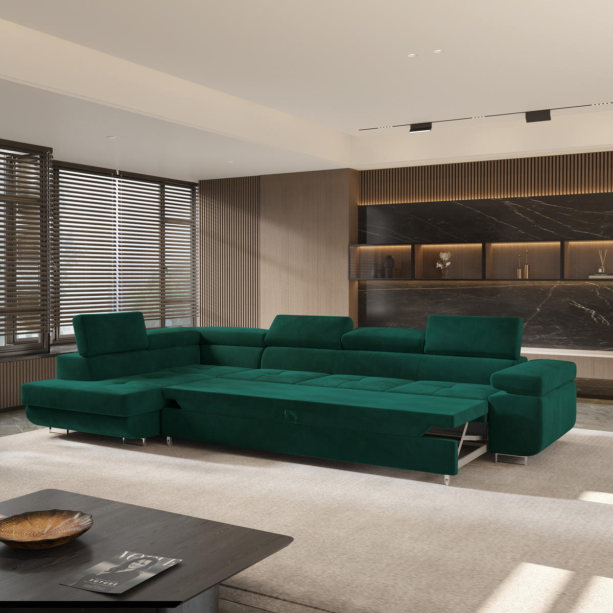 ECKSOFA VICENTE Grün Velours-Stoff mit Schlaffunktion - Grün, Holz (346/202cm) - MASSENO