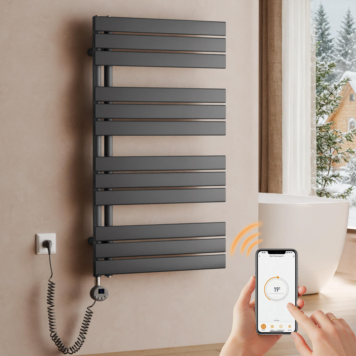 HANDTUCHHEIZKÖRPER 104,1/60 cm anthrazit elektrisch 600 W mit WLAN-Thermostat - Anthrazit, Metall (60/104/5.9cm) - S'AFIELINA