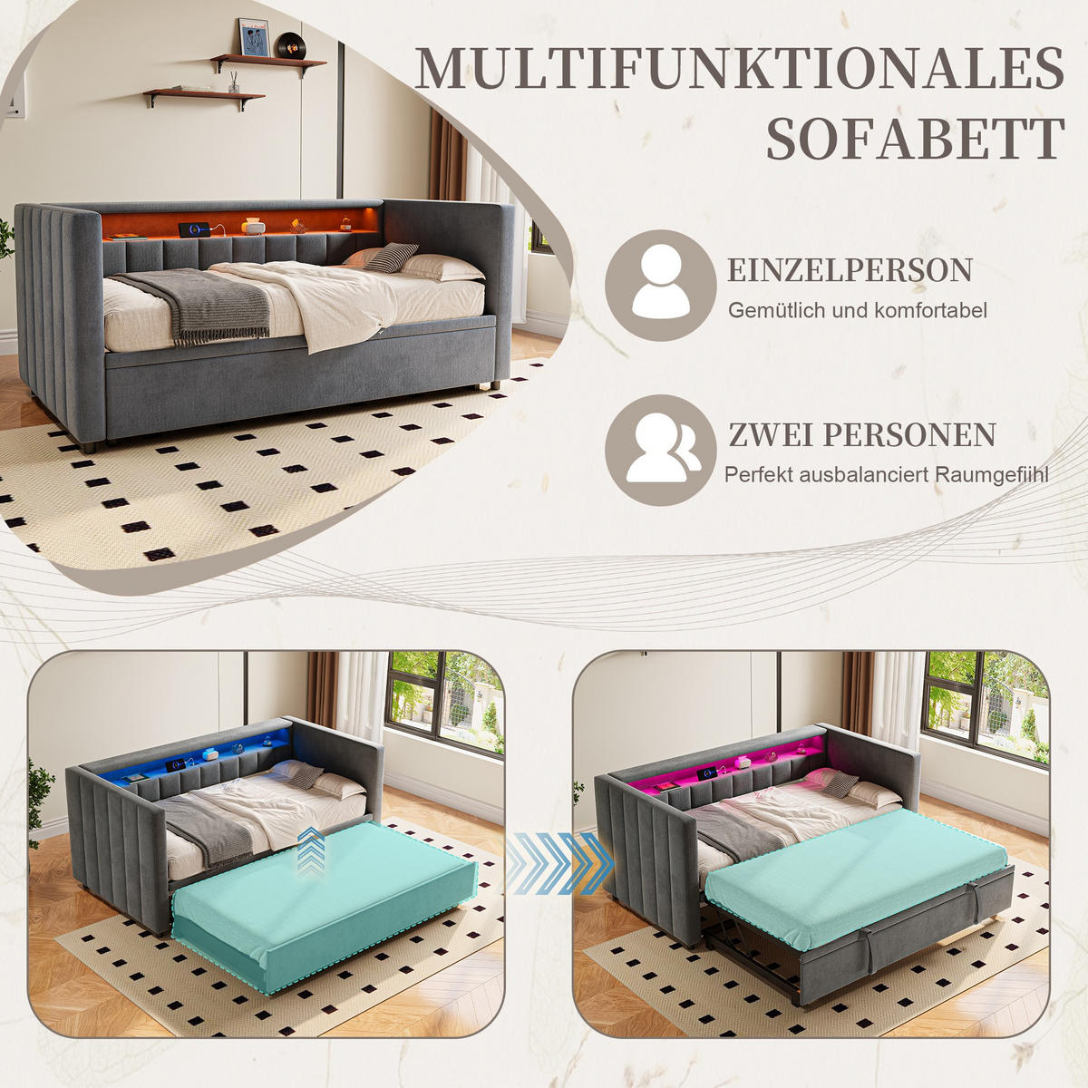 SCHLAFSOFA 90x190cm Ausziehsofa,USB-/Type-C-Anschluss,Samt,Grau - Grau, Textil (201/73/100cm) - LVHOM