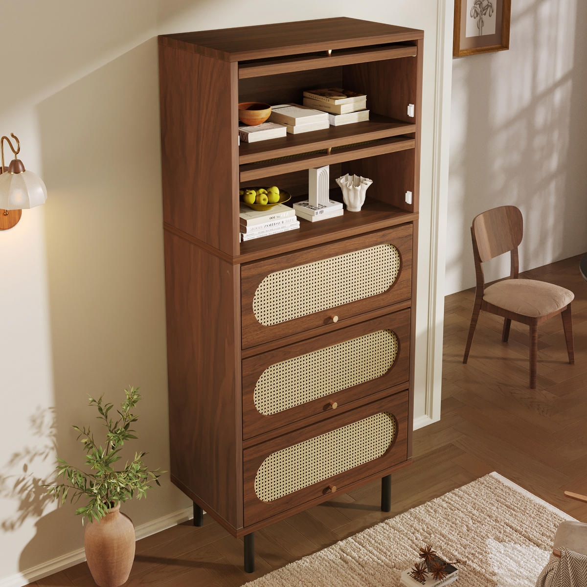 SIDEBOARD aus Holz 80x40x163 cm Nussbaum mit 5 Klappen, Rattan-Front und Metallbeinen - Walnussfarben, Holzwerkstoff (80/163/40cm) - Modfu