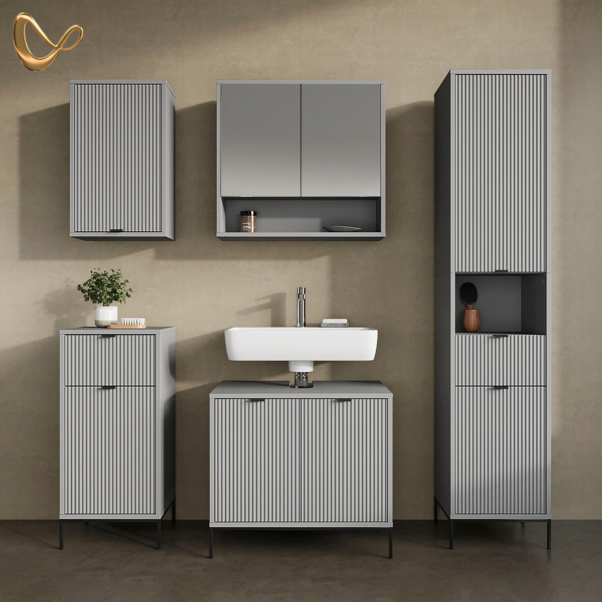 BADMÖBEL-SET ATERNO Grau 5 Teile - Grau, Holzwerkstoff (70/63/45cm) - Livinity®