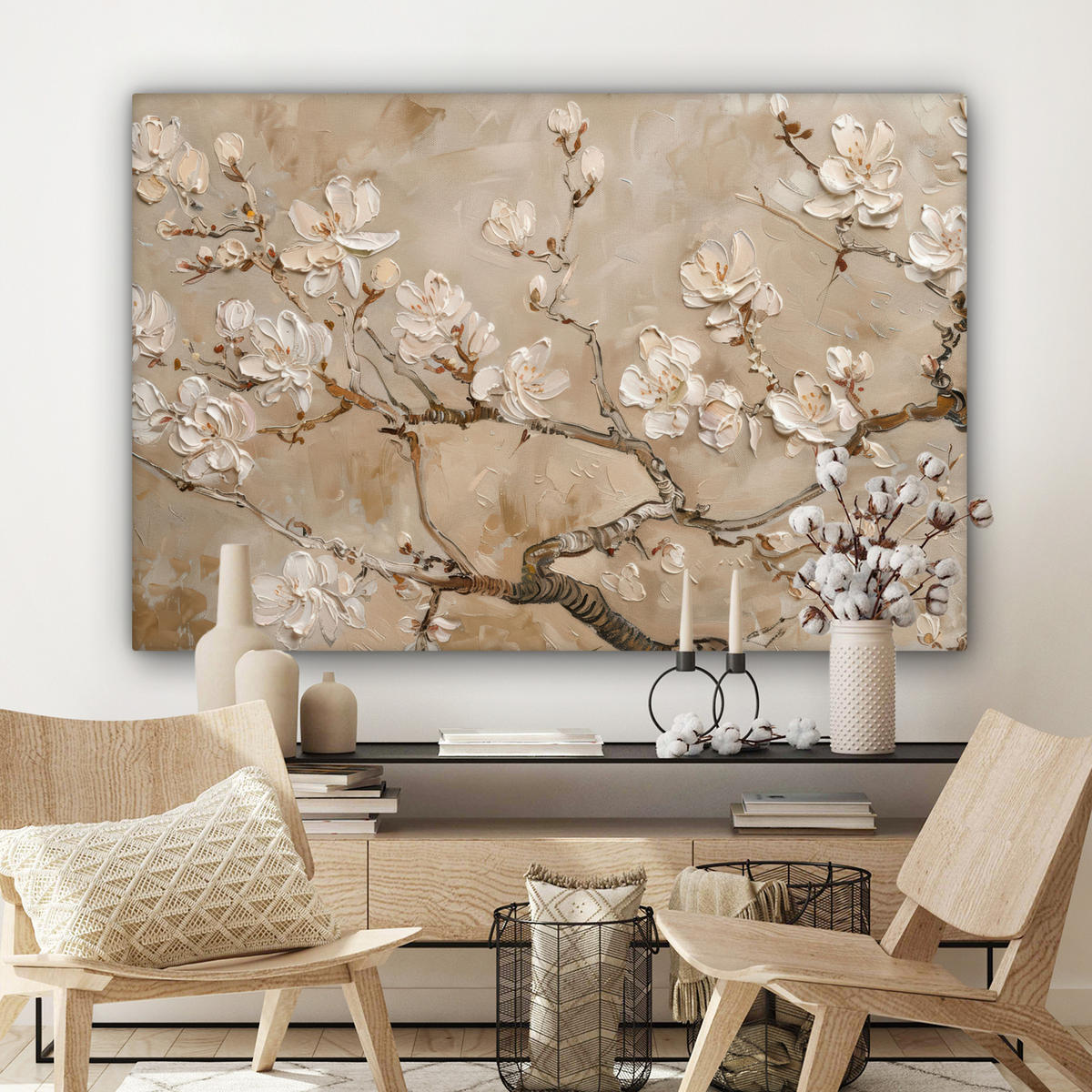 LEINWANDBILD - Blumen - Modern - Beige - Weiß - Blüte - 120x80 - Kunstdruck - Beige, Textil (120/80cm) - MuchoWow