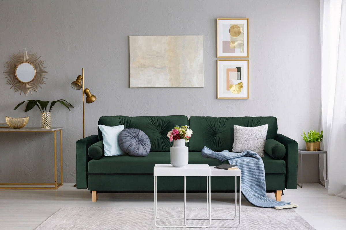 3-SITZER-SCHLAFSOFA ERISO mit weiche Sitzfläche und hohe Rückenlehne, Velour-Stoff, dunkelgrün - Dunkelgrün/Braun, Textil (220/80/100cm) - KONSIMO®