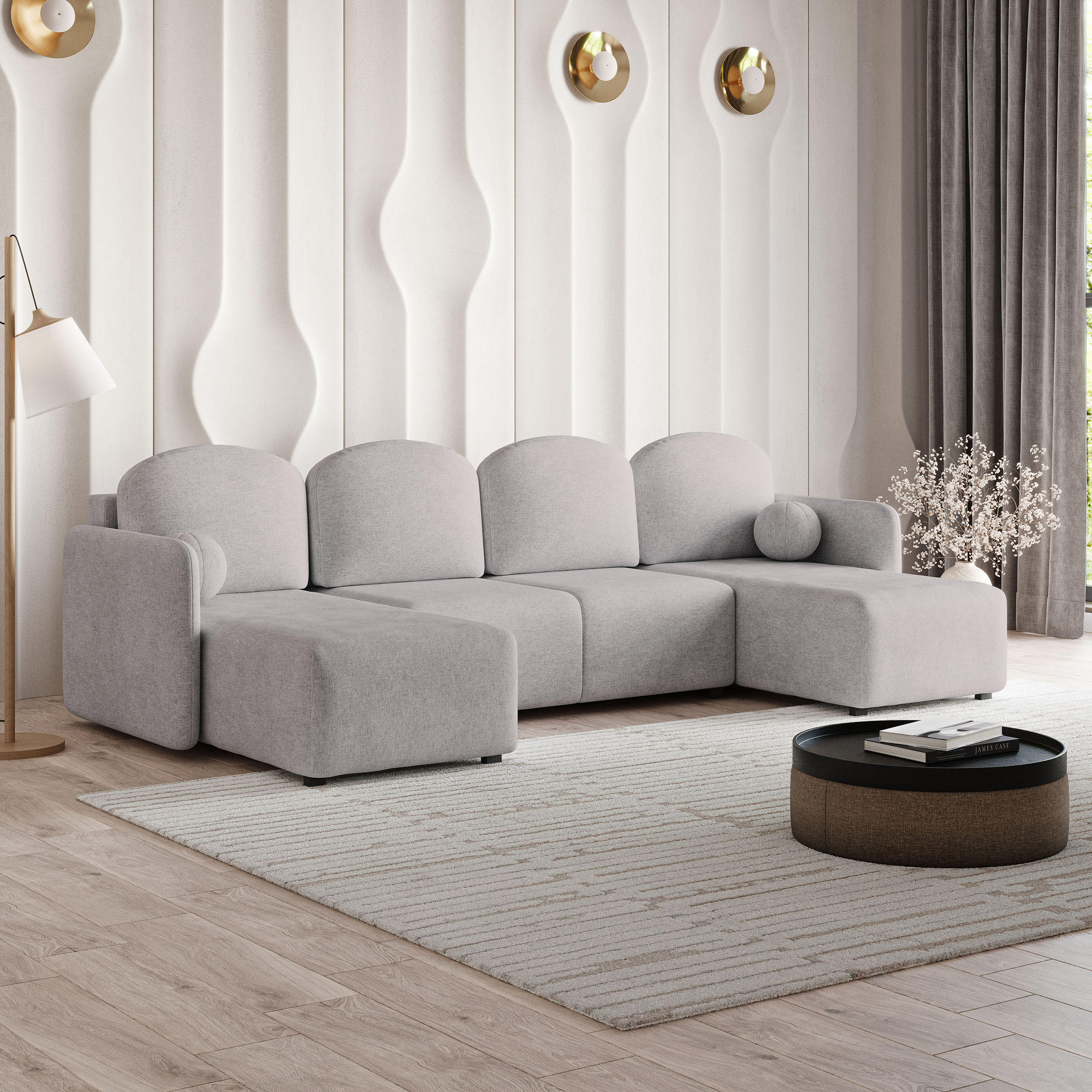 WOHNLANDSCHAFT NUBERO Hellgrau Geflochtener Stoff mit Schlaffunktion - Hellgrau, Holz (285/85/143cm) - MASSENO