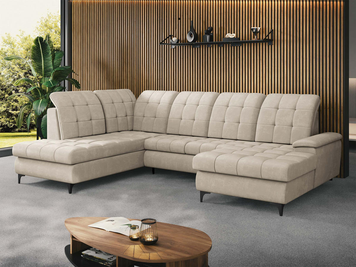 WOHNLANDSCHAFT Enzo, Seite: Rechts - Beige/Schwarz, Holz/Textil (330/105/212cm) - MIRJAN24