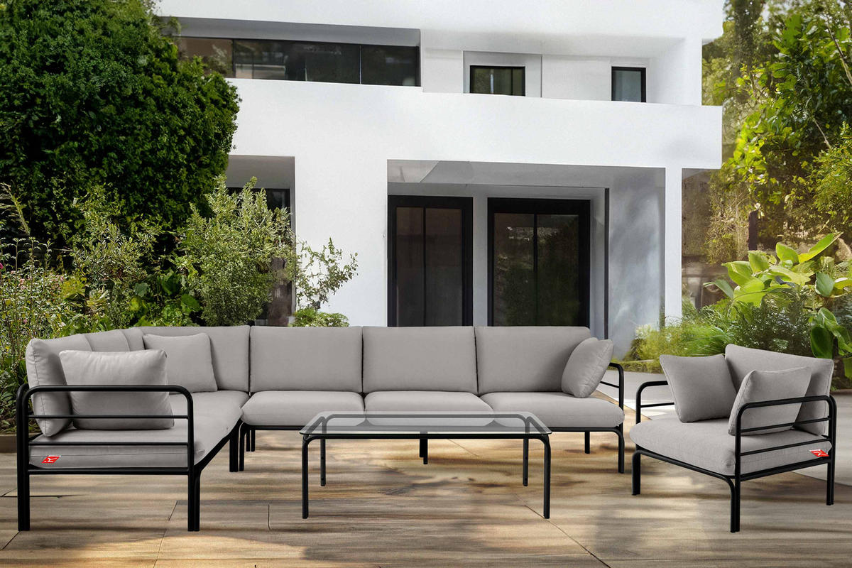 GARTENECKSOFA RAMBE 5-Sitzer mit Kissen, Anthrazit/Hellgrau - Dunkelgrau/Hellgrau, Textil/Metall (304/80/229cm) - KONSIMO®