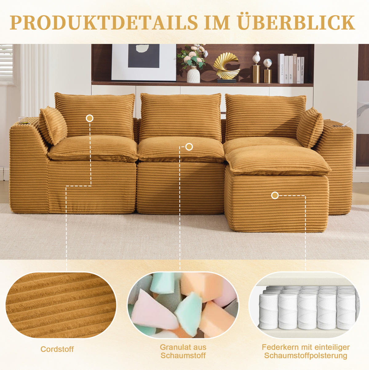 ECKSOFA 256/161/75 cm Orange aus Cord mit Kissen und Seitentaschen - Orange, Textil (161/256cm) - OKWISH