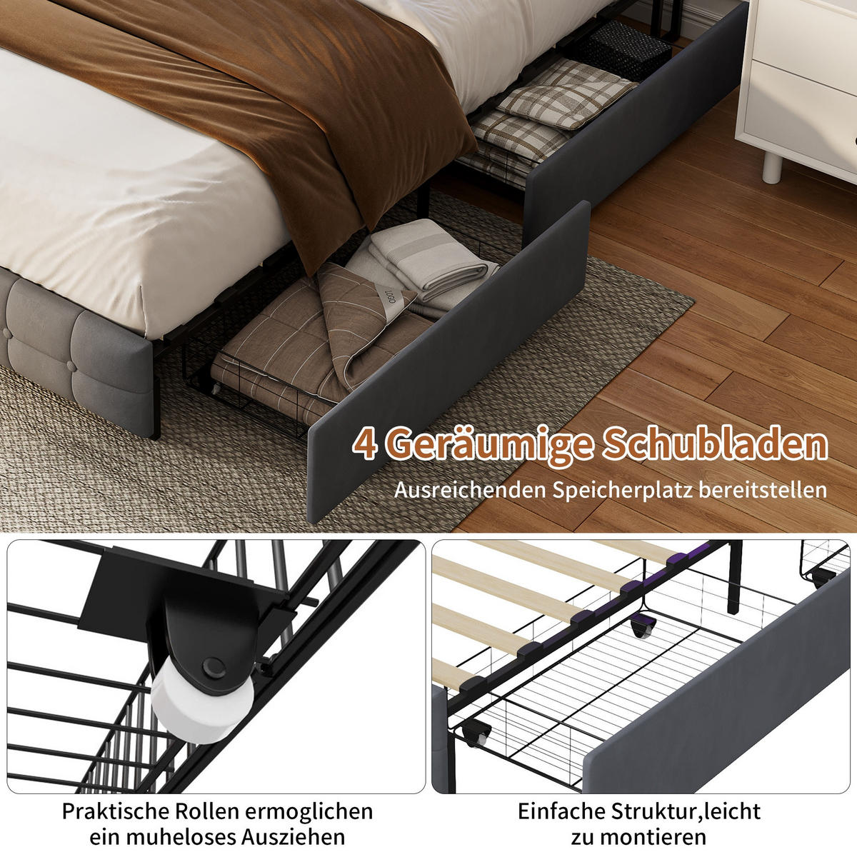STAURAUMBETT 140/200 cm aus Samt, mit 4 seitlichen Schubladen + 2 Kopfteil-Schubladen, LED und USB-Anschluss, Grey - Grau, Holzwerkstoff (160/200cm) - Brevoria