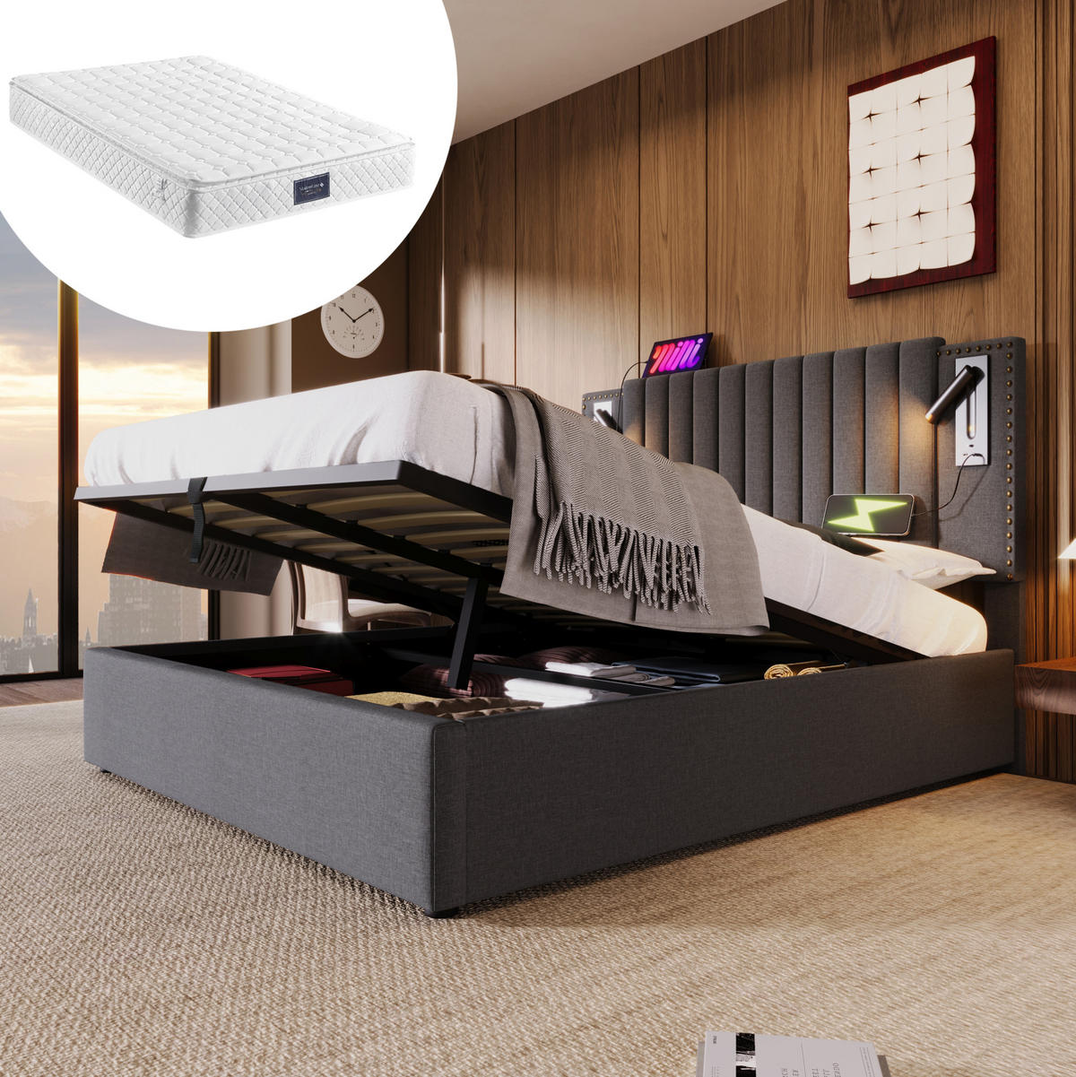 POLSTERBETT 160/200 cm mit Bettkasten, Matratze, Leselicht, USB- und USB-C-Anschlüssen, höhenverstellbarem Kopfteil, Grau - Grau, Textil (160/200cm) - Redom