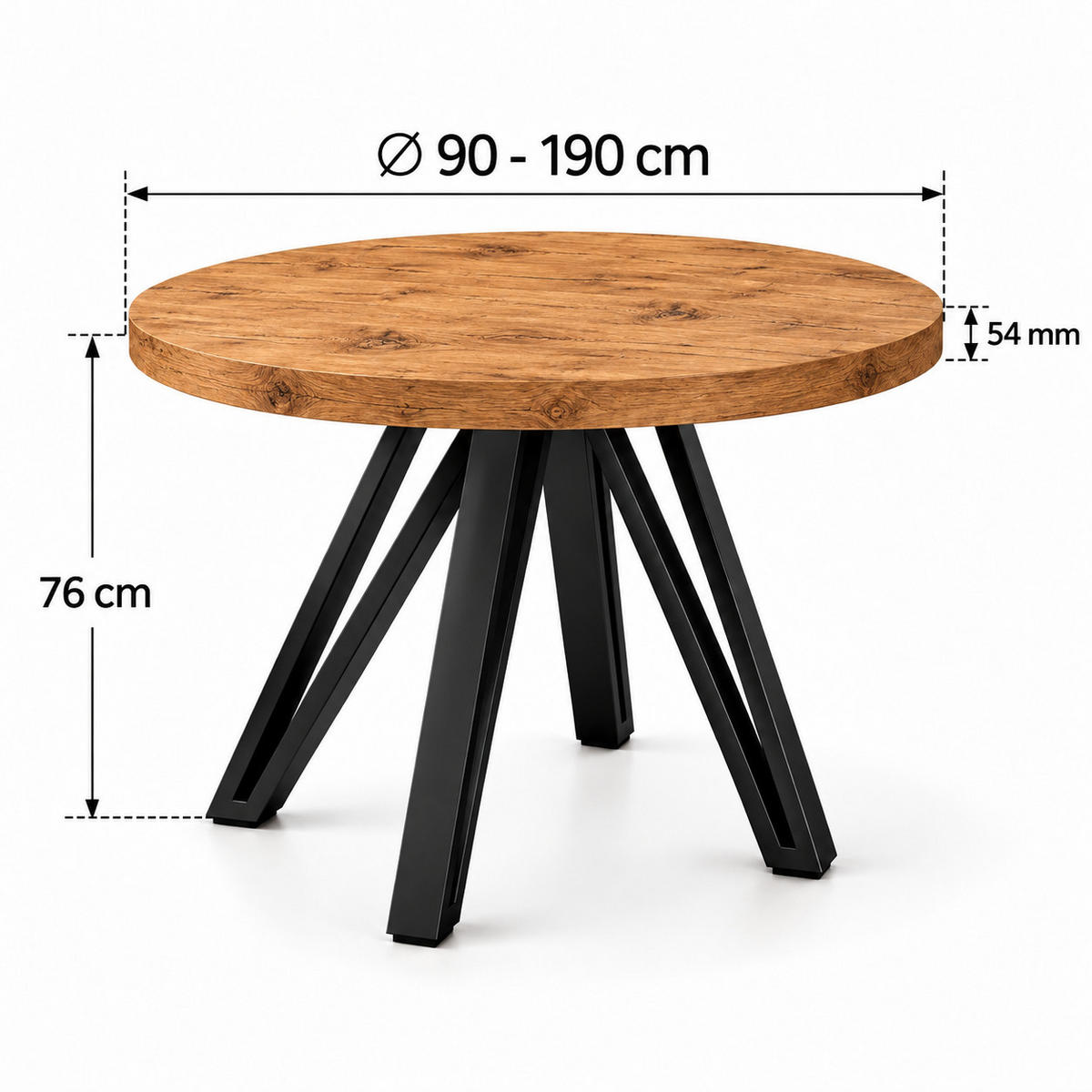 ESSTISCH rund ausziehbar 90/190/76 cm, Eiche Craft, 54 cm Tischplatte + Industrial Metallgestell Schwarz - Eichefarben/Schwarz, Holzwerkstoff/Metall (90/190/76cm) - Damale Möbel