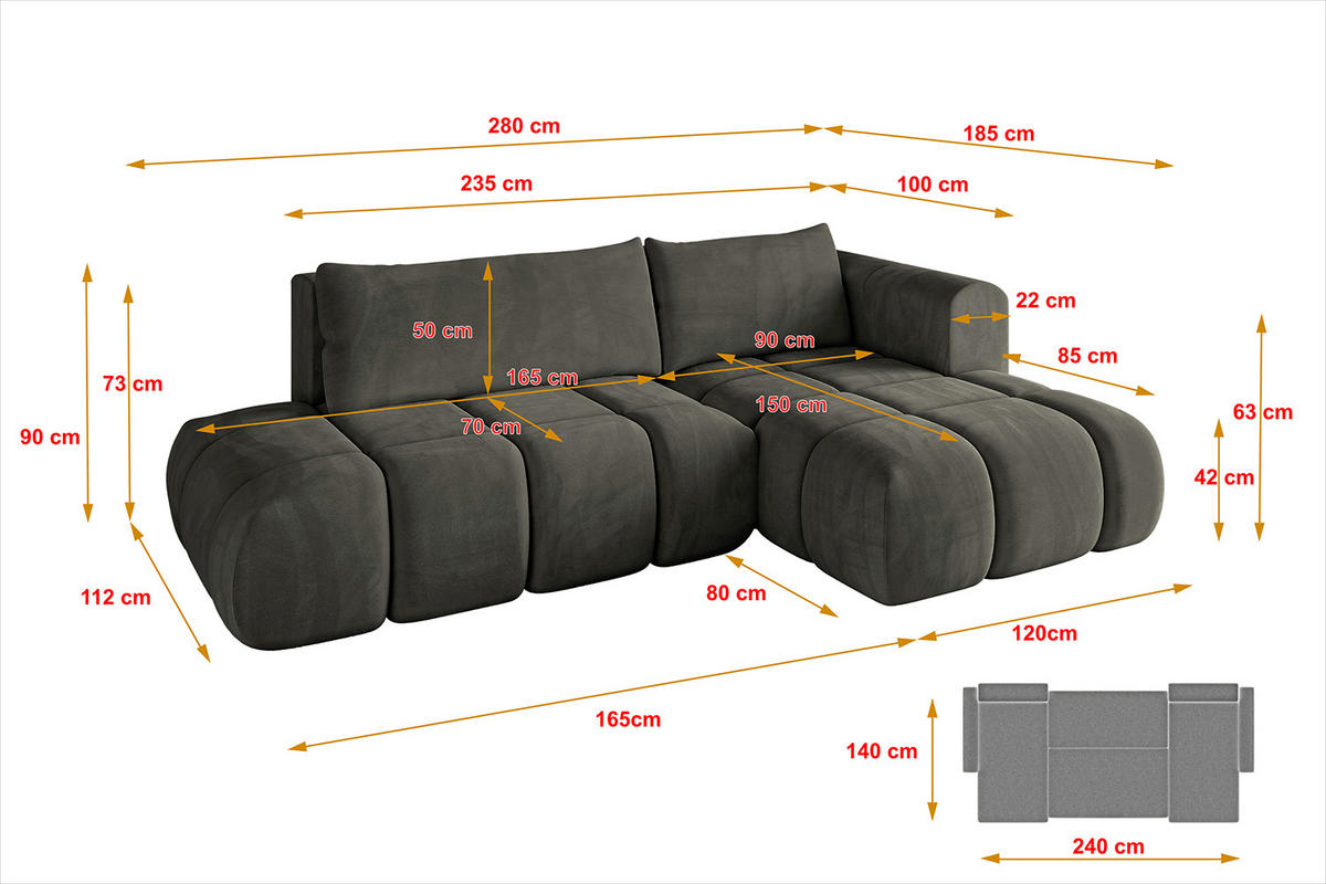 ECKSOFA Ottomane Rechts CLOUD-L 280x185x90 Schwarz Velours - Schwarz, Holzwerkstoff/Kunststoff (185/280cm) - ALTDECOR