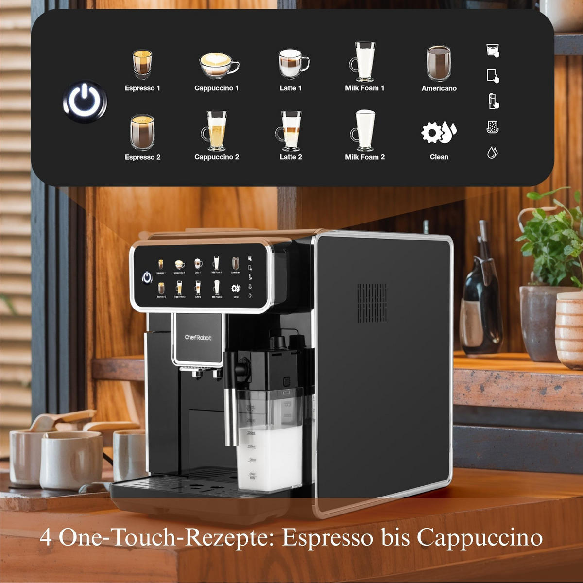 KAFFEEVOLLAUTOMAT, 4 Sorten, Touchscreen, 1,5 l, selbstreinigend - Schwarz, Kunststoff (26/35.5/48.5cm) - ChefRobot