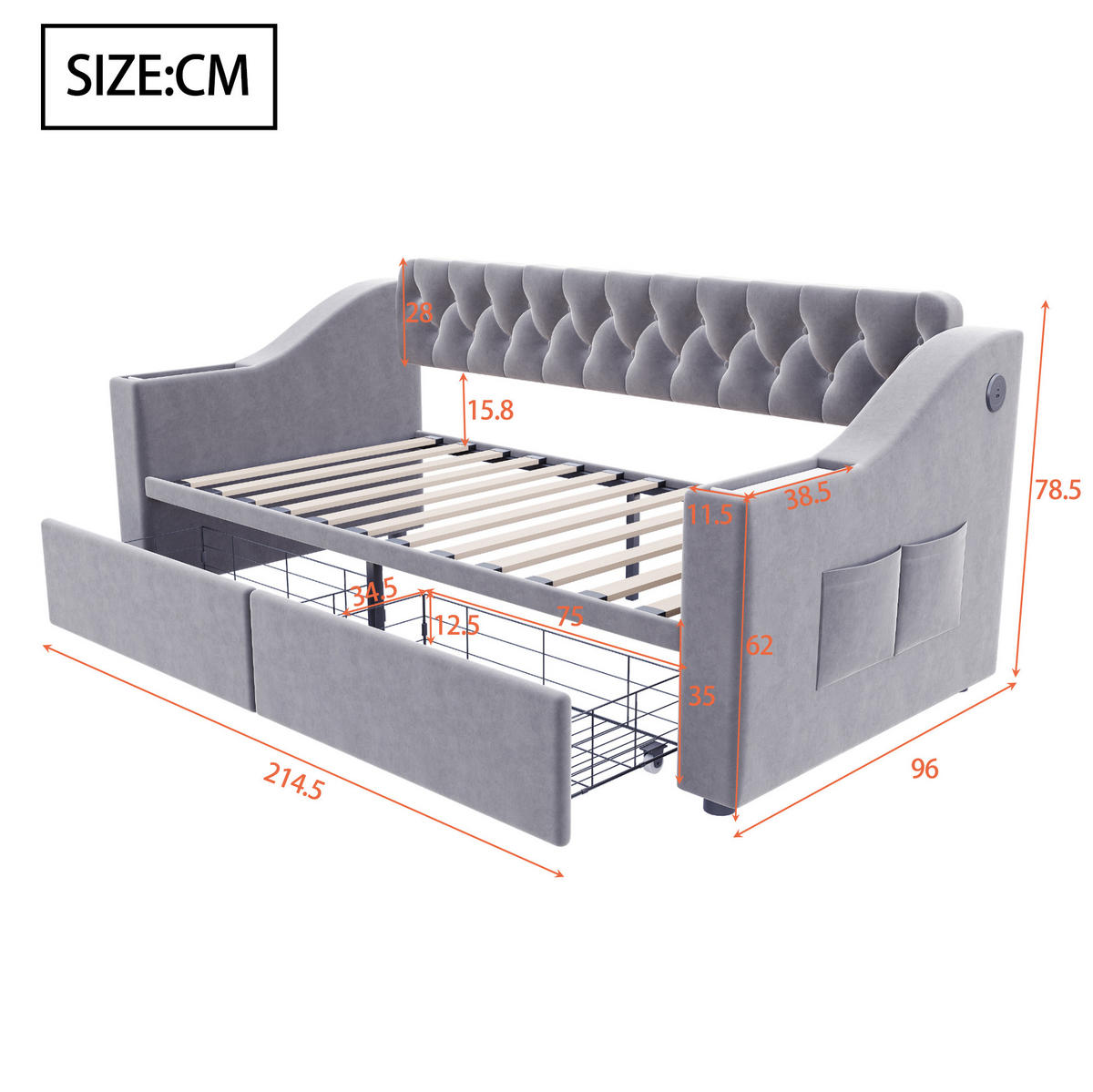 ČALÚNENÁ posteľ zo zamatu 90x190 cm svetlosivá s USB a USB-C portom, zásuvkami a úložnými podrúčkami - svetlosivá, textil (90/190cm) - Modfu