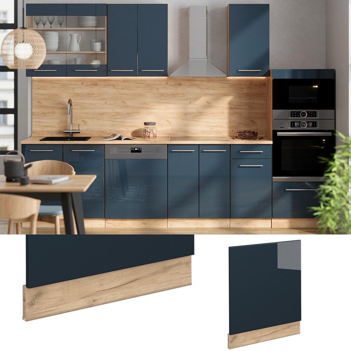 FRONTBLENDE Fame-Line Dunkelblau Hochglanz 60 cm ohne Arbeitsplatte - Honigeiche/Dunkelblau, Holzwerkstoff (60/67.4/1.6cm) - Vicco