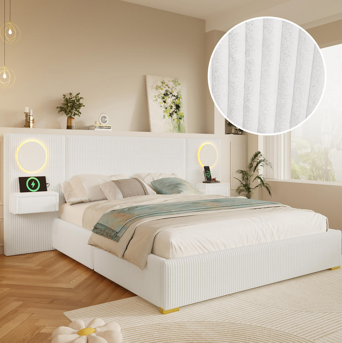 SAMETOVÁ čalouněná postel 180/200 cm s LED čelem, USB porty a nočními stolky se zásuvkami, béžová - béžová, textil (180/200cm) - Redom