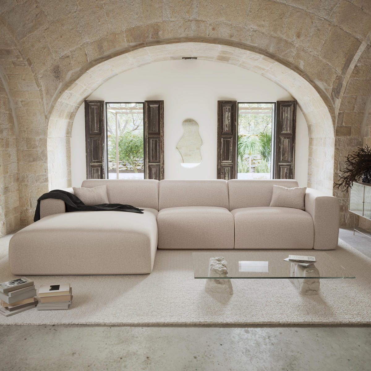 ECKSOFA LINKS SCHLAFSOFA Dunlopillo 5 Plätze Stoff beige - Beige, Textil (165/280cm) - Sia Home