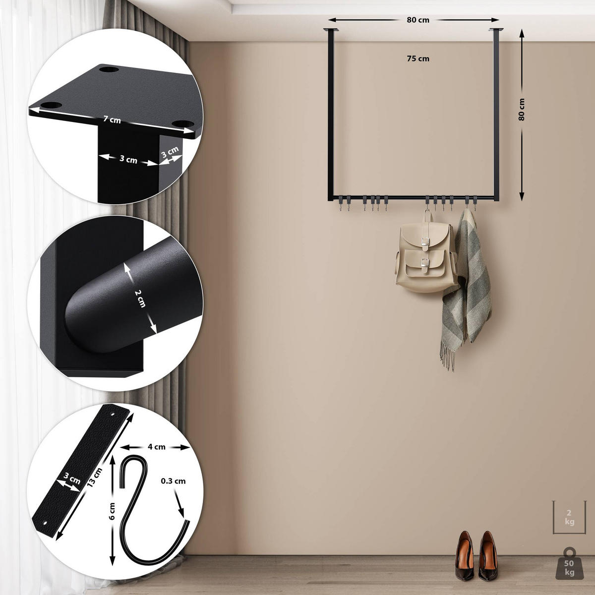 KLEIDERSTÄNDER 150x38x120-schwarz-Metall - Schwarz, Metall (80/80/7cm) - CLP