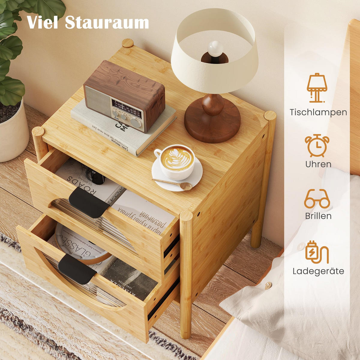 NACHTTISCH mit 2 Schubladen, geriffelte Glasfront, Metallgriff - Naturfarben, Naturmaterialien/Holzwerkstoff (45.7/56/40.6cm) - DESIGN IN