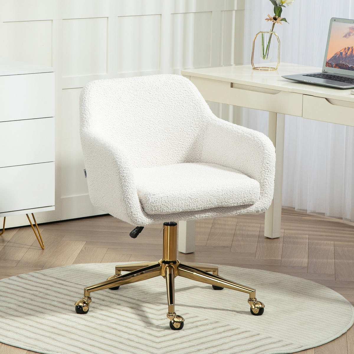 HOMEOFFICE-STUHL, höhenverstellbarer Bürostuhl mit Rollen, Samtartiger Bezug, Metallbasis, Cremeweiß - Creme, Textil (61/88/60cm)