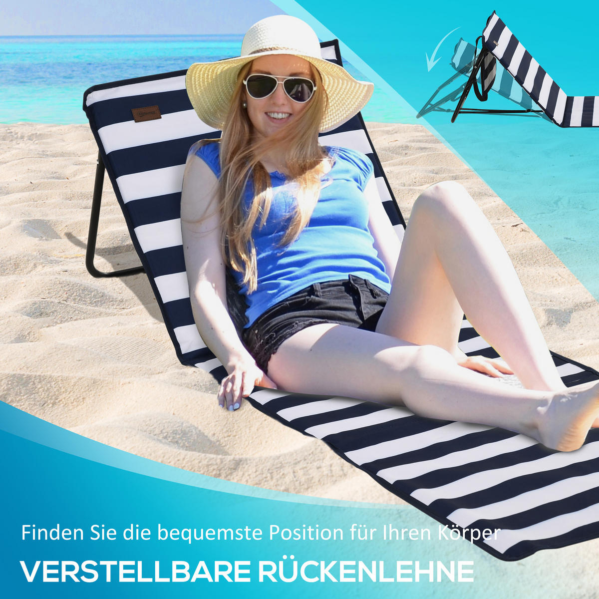 STRANDLIEGE, klappbar, verstellbare Rücklehne, Tragegurt, weiche Polsterung, Stahlrahmen, blau+weiß, 142x51x40cm - Blau, Metall (142/40/51cm)