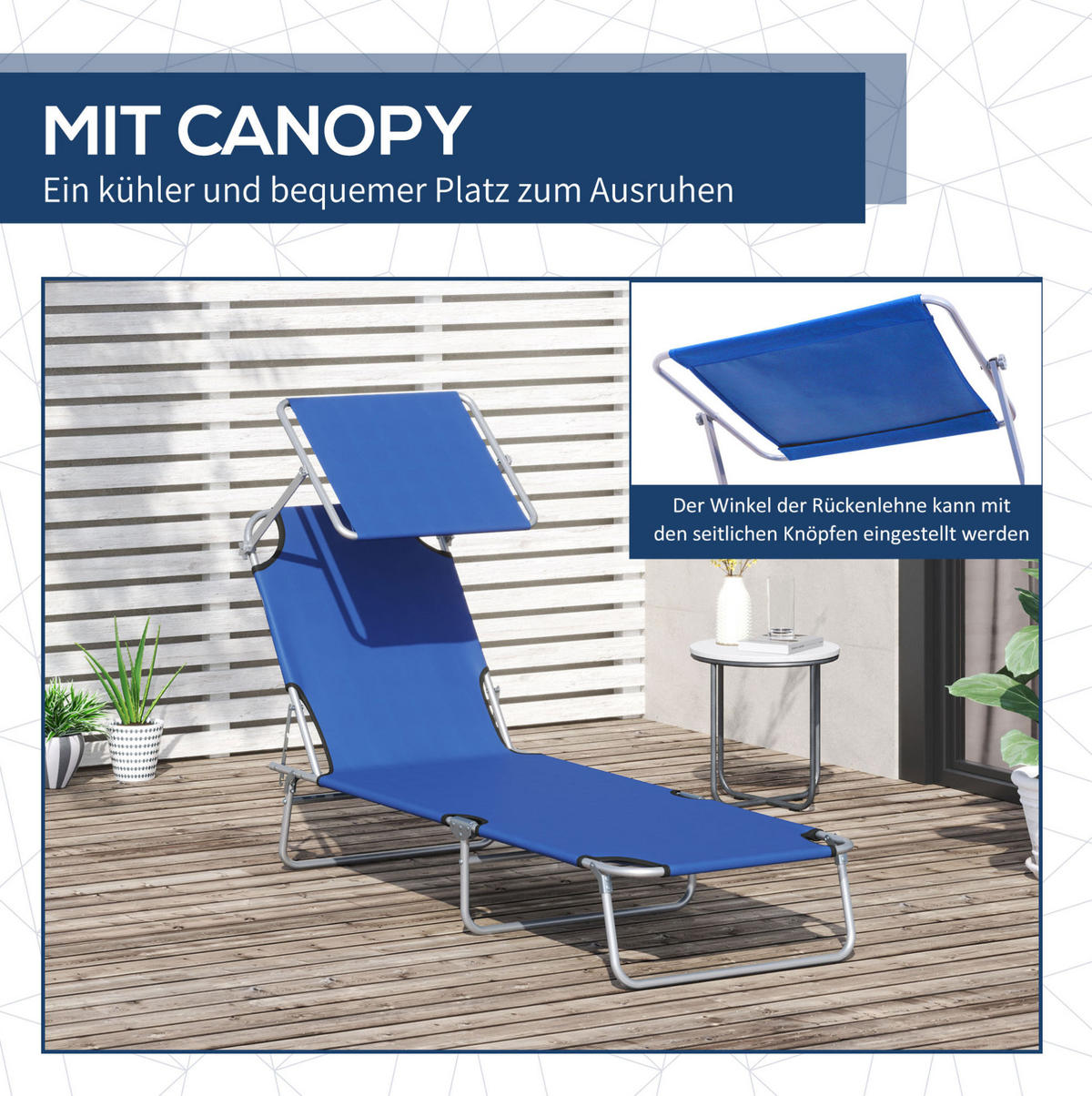 SONNENLIEGE aus Metall 187x58x36 cm Blau mit Sonnendach, klappbar und 4-fach verstellbarer Rückenlehne - Blau, Metall (58/36/187cm) - Modfu