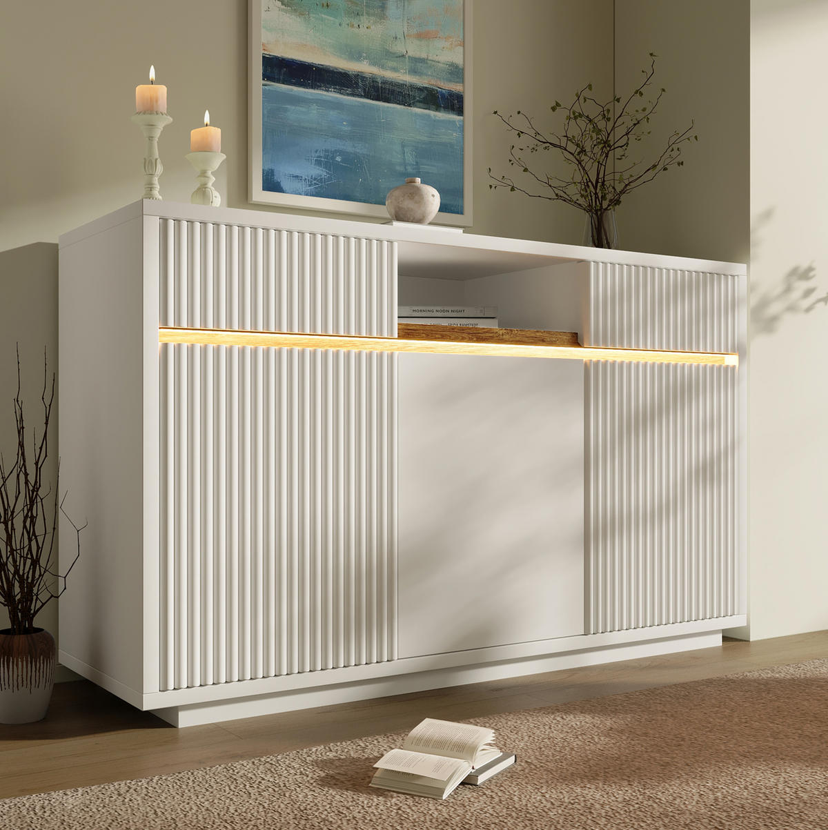SIDEBOARD 140/40/85 cm in Weiß mit LED, 2 Schubladen und 3 Türen - Weiß, Holz (140/85/40cm) - BEAOK