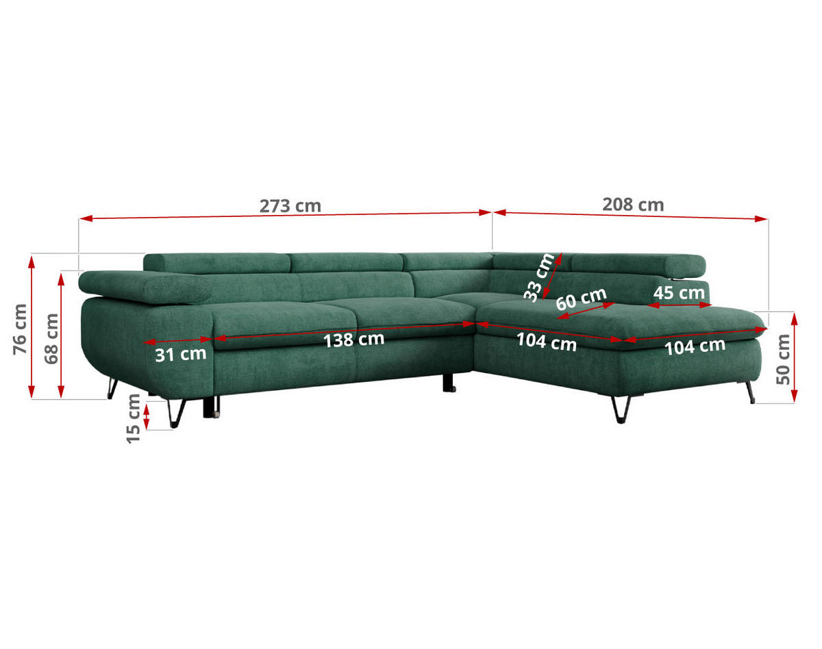 ECKSOFA PETER L Grün Struktur - Rechts Seite - Schwarz/Grün, Textil/Metall (273/208cm) - MKS