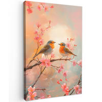 LEINWANDBILD Rotkehlchen - Zierpflanze - Blütenzweig 90x140 cm - Hellrosa, Textil (90/140cm) - MuchoWow