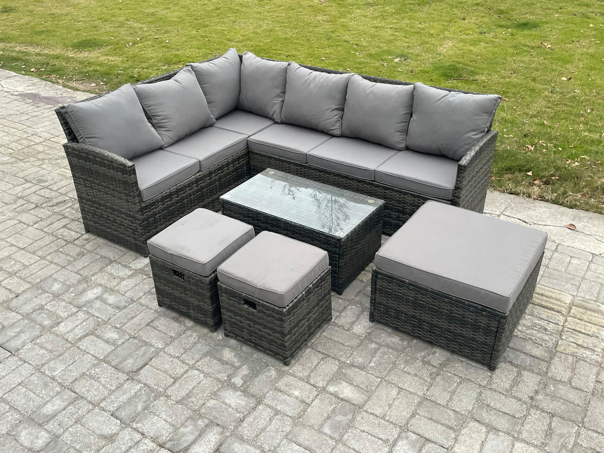GARTENSET mit Couchtisch, Fußhocker Polyrattan Dunkelgrau 8-Sitzer - Dunkelgrau/Grau, Glas/Kunststoff - Fimous