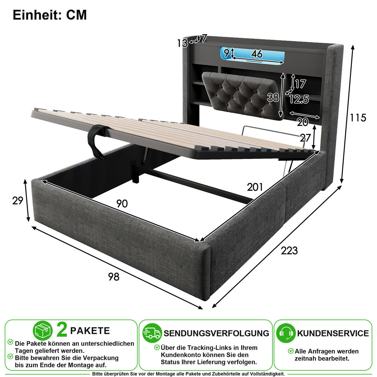 ČALOUNĚNÁ POSTEL 90/200 cm v šedé barvě s úložným prostorem, LED a USB-C - šedá, kov/kompozitní dřevo (90/200cm) - CHICFURN