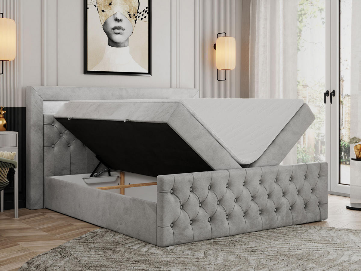 BOXBETT GOLD-9 LED 120/200 Hellgrau Velvet - H3 - Hellgrau, Holz/Textil (120/200cm) - MKS