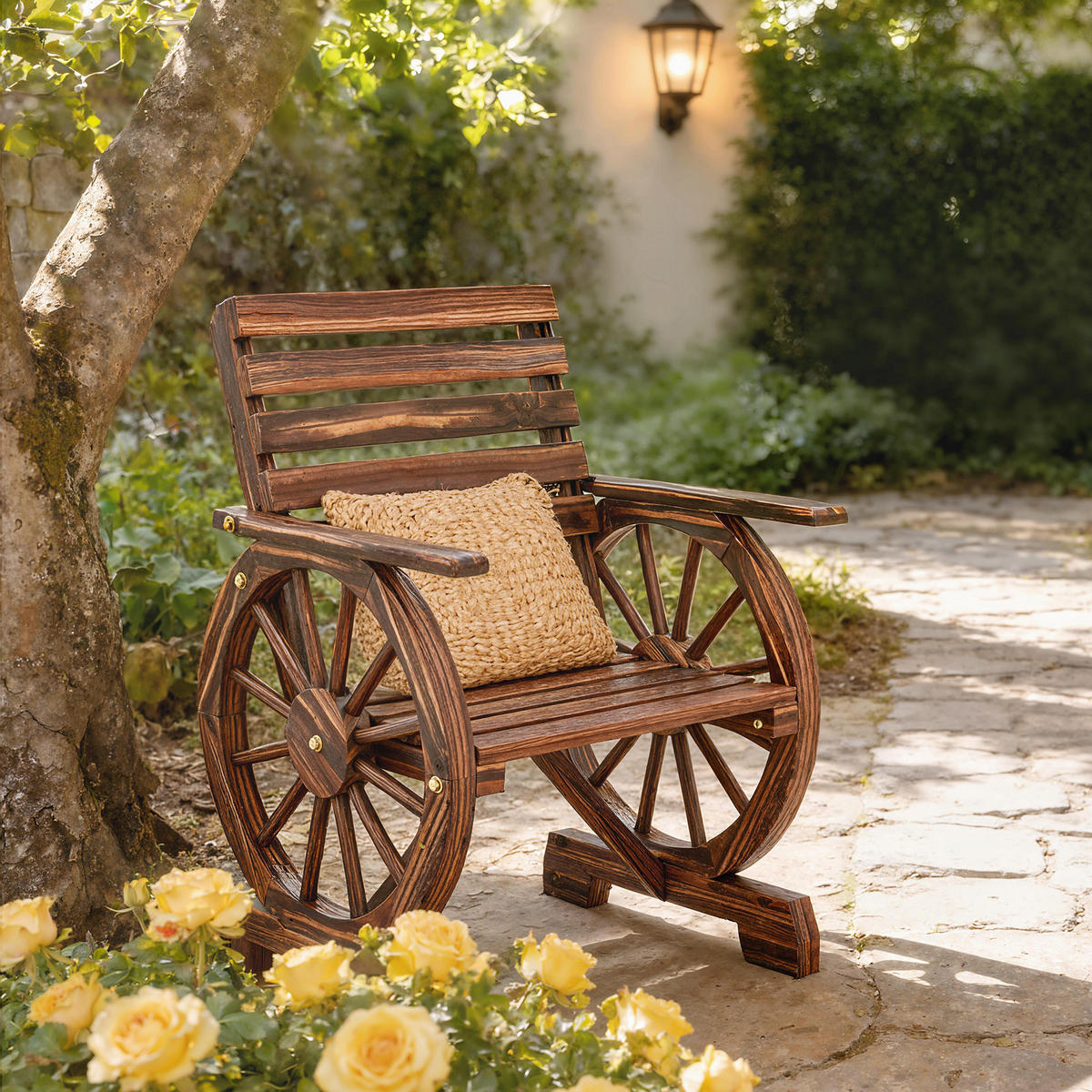 GARTENSTUHL DE-17787 mit Wagenrad-Design & Lattenrost Carbonisiert - Braun, Holz (55/90/66cm) - ComfortXL