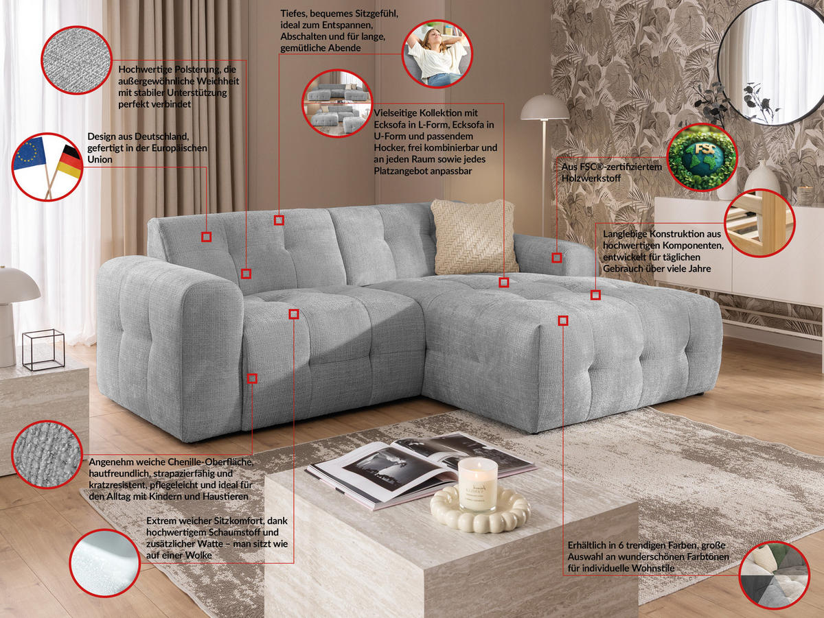 ECKSOFA inkl. Hocker Kozy im Bumpy-Design mit Schlaffunktion und fester Rückenlehne aus weichem Hellgrau Chenille-Stoff - Ottomane rechts - Hellgrau/Schwarz, Holz/Kunststoff (234/161cm) - S-Style Möbel