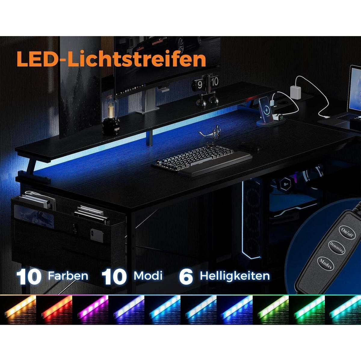 SCHREIBTISCH L-Form mit LED und Steckdosen 120 x 80 cm Schwarz - Schwarz, Metall (80/120/87.7cm)