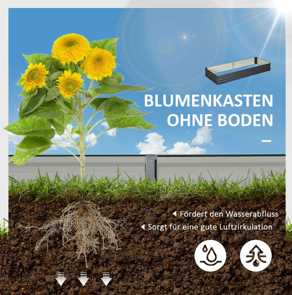 BLUMENKASTEN aus Stahl 241x90,5x30 cm Grau mit offenem Boden - Grau, Metall (90.5/30/241cm) - Modfu