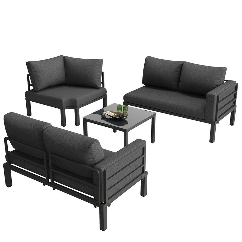 GARTENLOUNGE-SET GRAU 4-5 Sitzplätze mit Glastisch verstellbaren Beinen inkl. Kissen - Schwarz, Textil - BLACKCUP