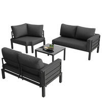 GARTENLOUNGE-SET GRAU 4-5 Sitzplätze mit Glastisch verstellbaren Beinen inkl. Kissen - Schwarz, Textil - BLACKCUP