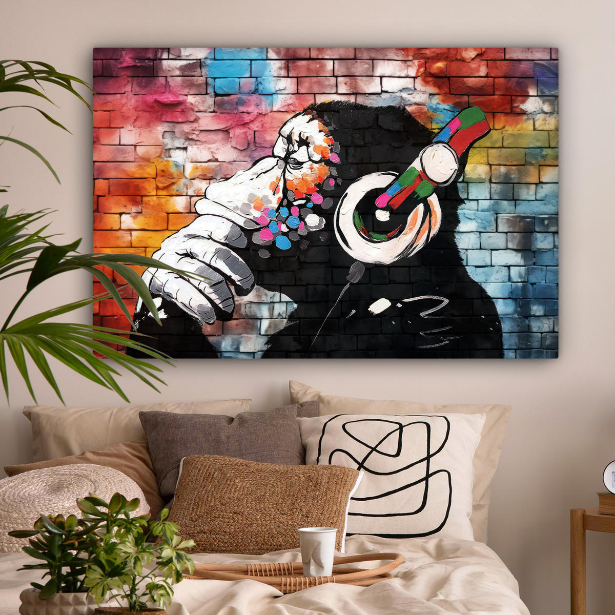LEINWANDBILD Affe - Graffiti - Musik Wohnzimmer Groß 120x80 cm - Multicolor, Textil (120/80cm) - MuchoWow