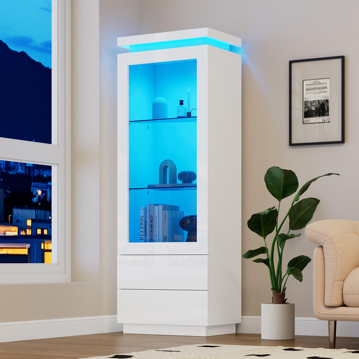 VITRINE in Weiß Hochschrank mit LED-Beleuchtung und 2 Schubladen für Wohnzimmer, B60/T40/H171cm - Transparent/Weiß, Glas/Holzwerkstoff (60/171/40cm) - STILVORA