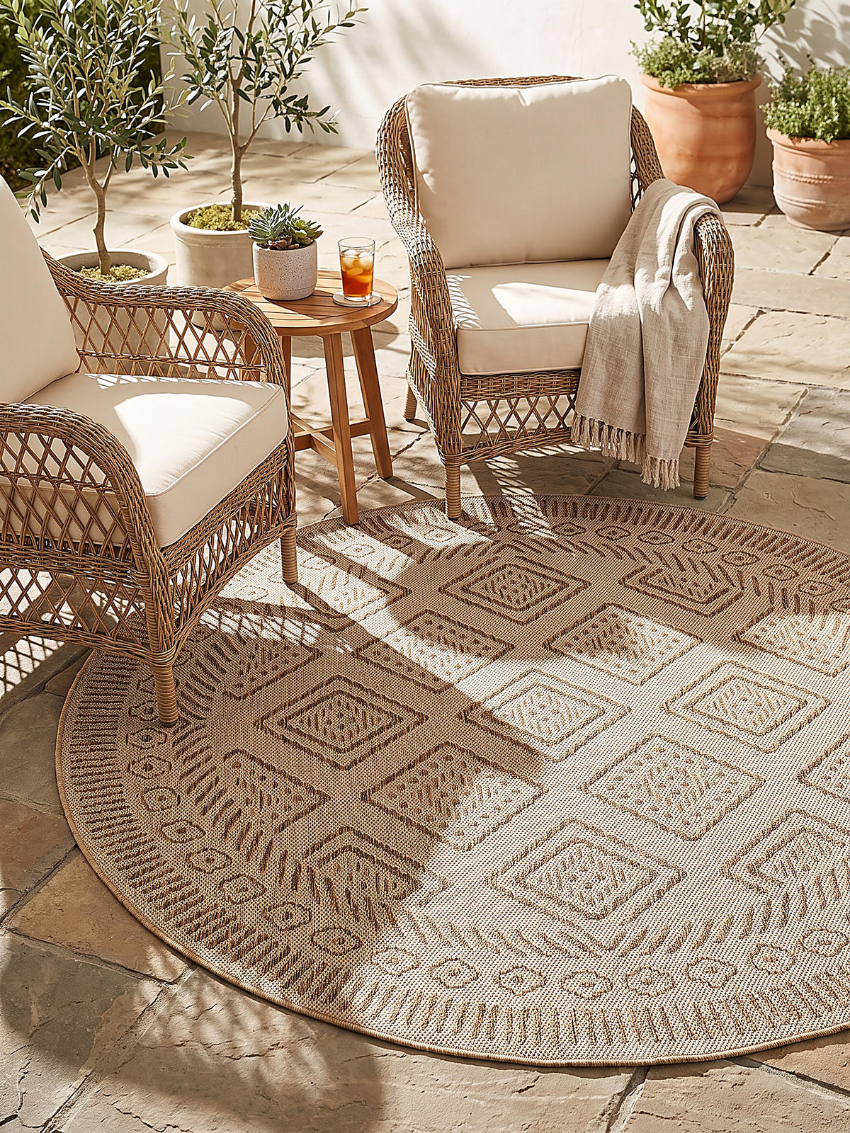TEPPICH Flachgewebe, Outdoor, Fußbodenheizung-geeignet, mit Rautenmuster, VIGOLENO in Beige-Braun, Ø 200 cm - Beige, Textil (200/200cm) - KADIMA DESIGN