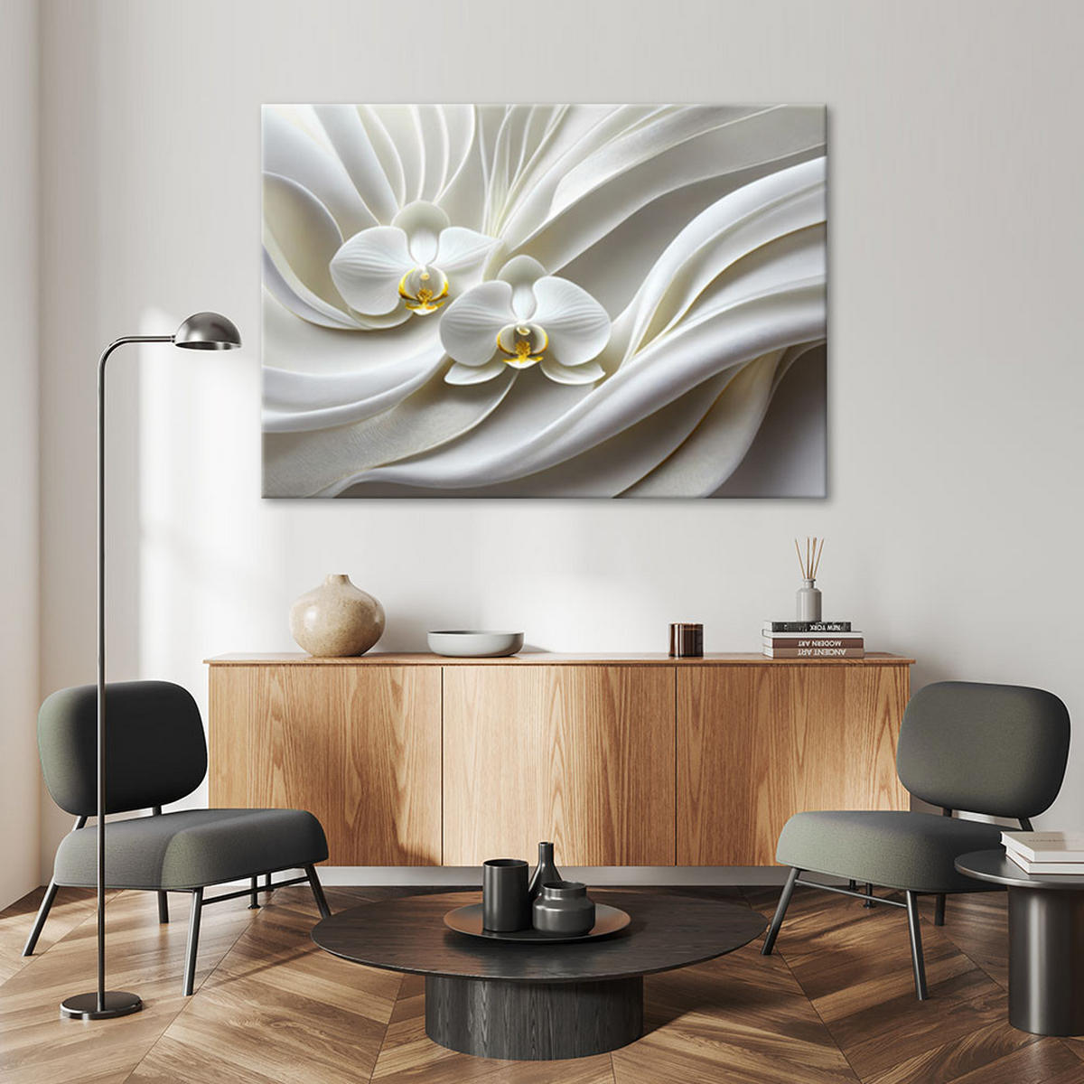 LEINWANDBILD Weiße Orchidee 3D Abstraktion 90x60cm - Weiß, Textil (90/60cm) - Feeby