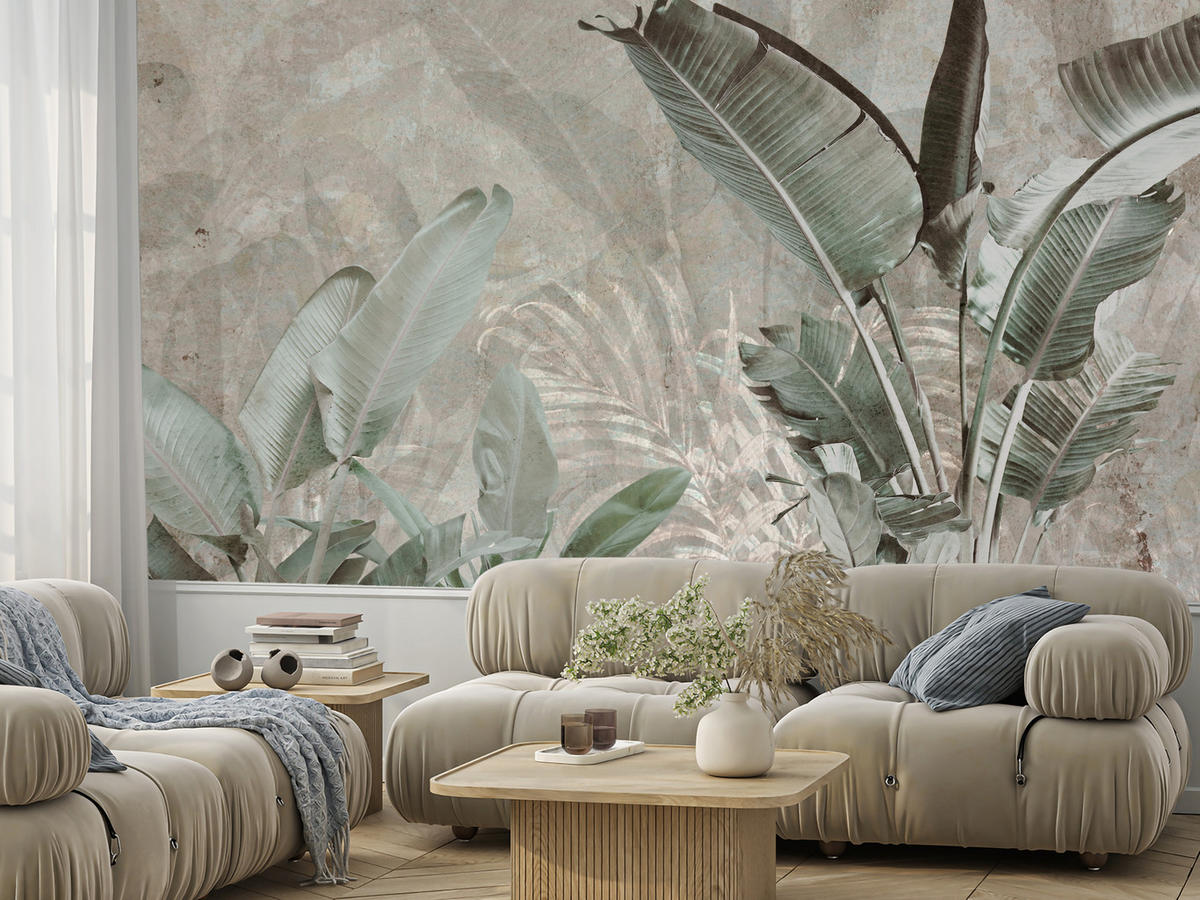 FOTOTAPETE für Büro Beton Bananenblätter Abstrakt Pflanzen Vintage 350x256 - Beige/Braun, Papier (350/256cm) - Muralo