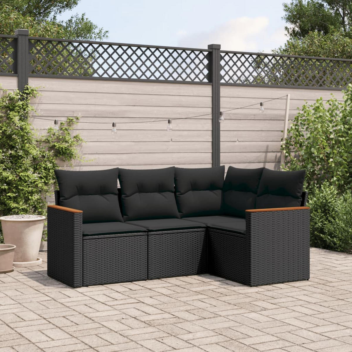 GARTEN-SOFAGARNITUR 4-teilig Mit Kissen Schwarz Poly Rattan - Schwarz, Kunststoff - vidaXL