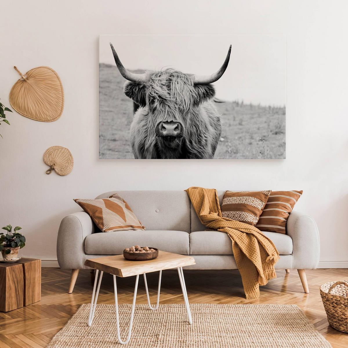 LEINWANDBILD Für Schlafzimmer Schottische Kuh Tier Natur 3D 70/50 cm - Schwarz/Weiß, Textil (70/50cm) - Muralo