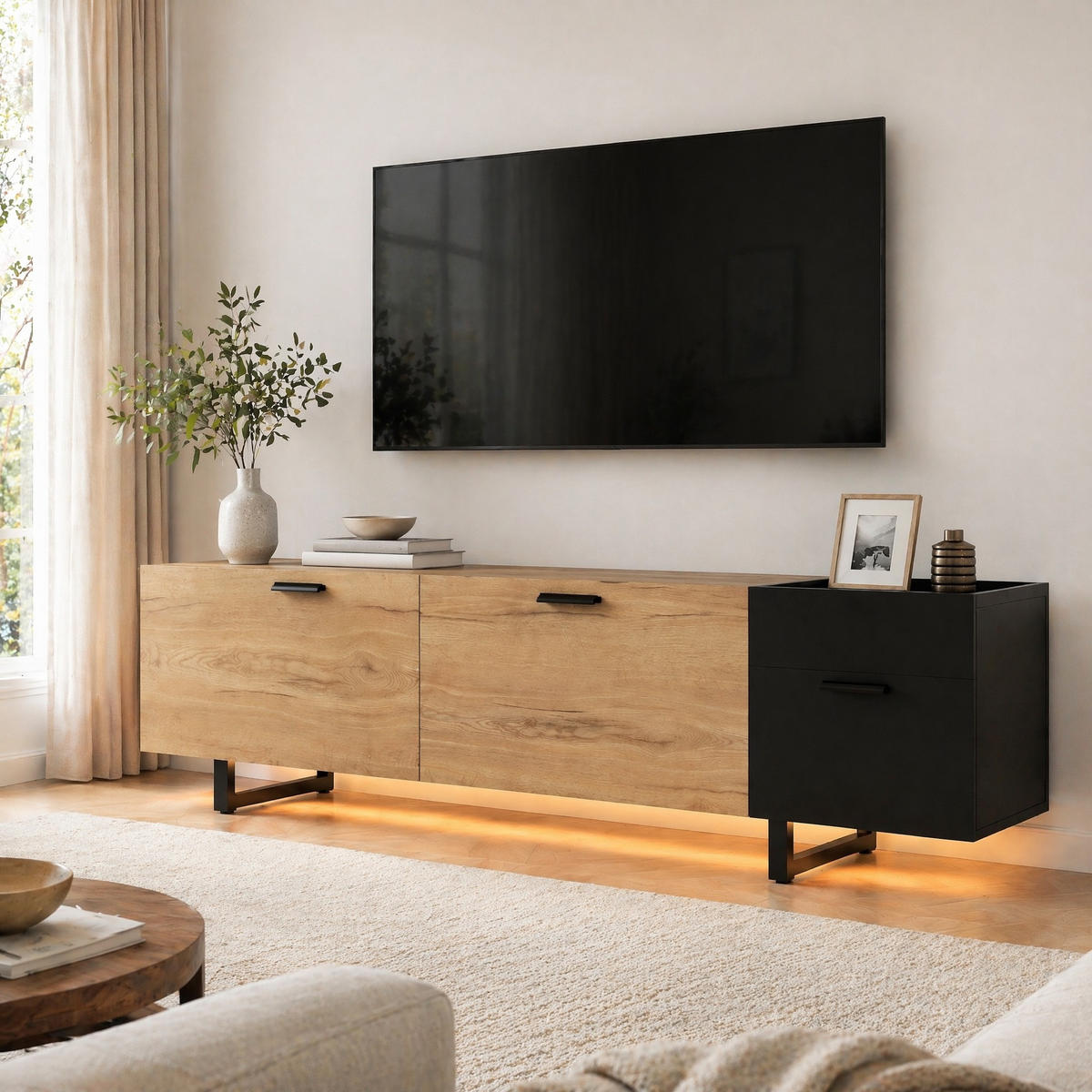LOWBOARD in Naturfarben und Schwarz TV-Schrank mit Schubladen und offenen Fächern für Wohnzimmer, B180/T38/H49 cm - Schwarz, Holzwerkstoff/Metall (140/49/38cm) - STILVORA